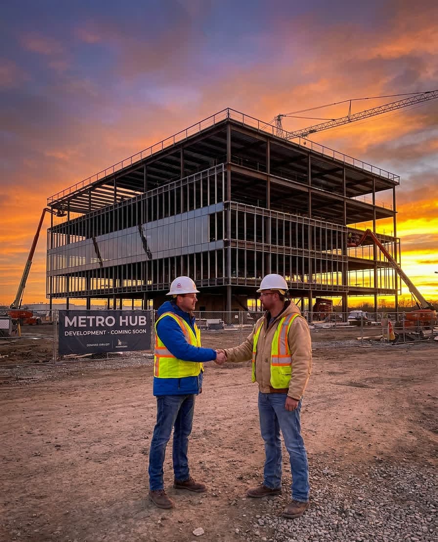 Two contractors shaking hands at a construction site at sunset
